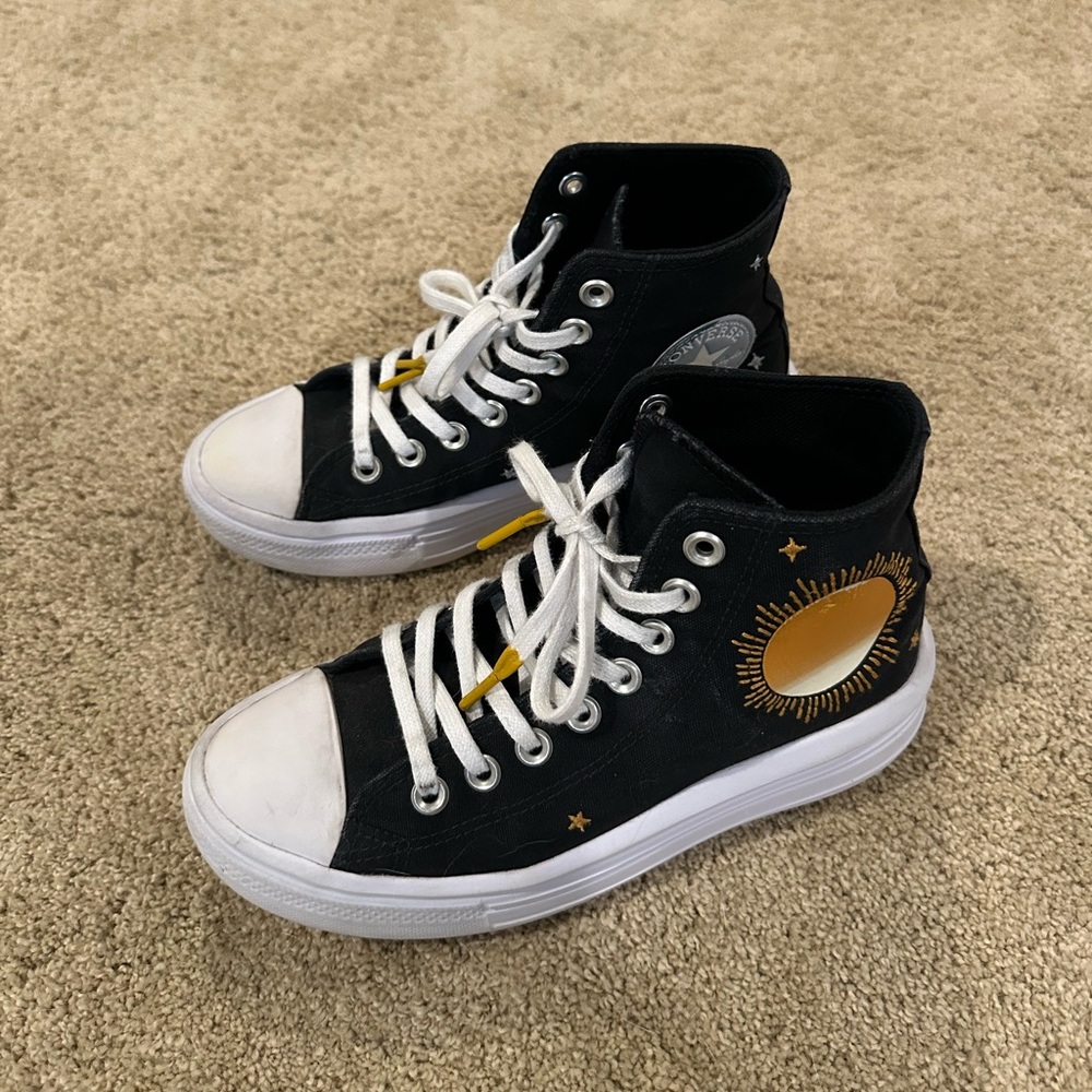 Converse All Star Black and White High-Top Sneakers with Sun Design